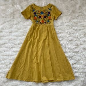 Click embroidered mustard linen dress sz S